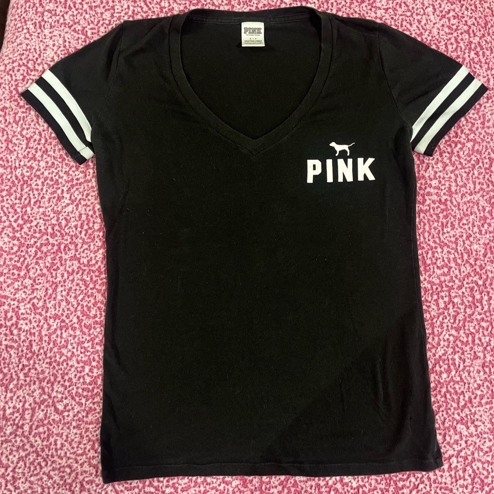 PINK Victoria's Secret Black V-Neck Tee with White Accents